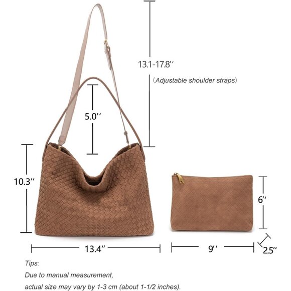 Practical Brown Woven Suede Handbag with Magnetic Closure & Clutch - 13.4x4x10.3 - Picture 3 of 6